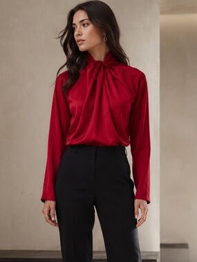 Mia Melon NWT Red Satin Tie Neck Blouse Mock Neck S